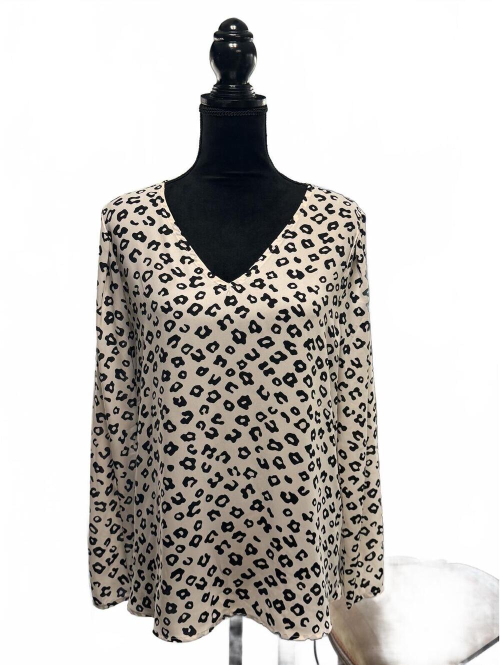 LOFT Leopard Print V-Neck Blouse Long Sleeve Animal Print Top Tan Black Size L